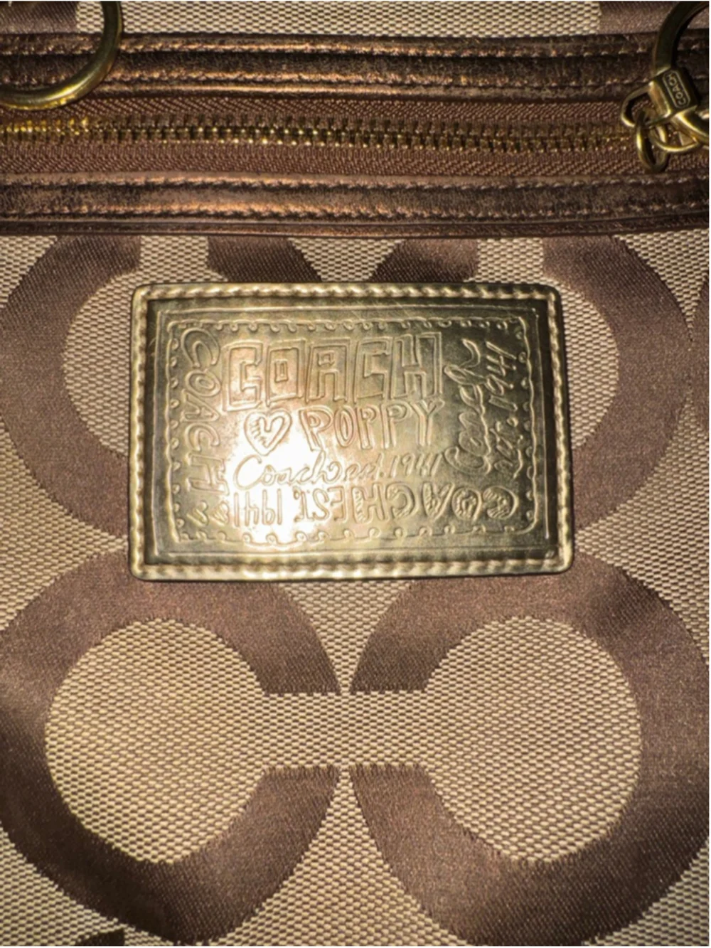Coach Poppy Glam Op Art Tote Bag Bronze Metallic Trim Purple Satin Lining G0967-